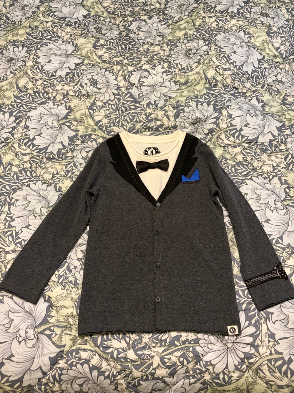 Kids Charcoal Mock-Tux Cardigan with Blue Pocket Accent
